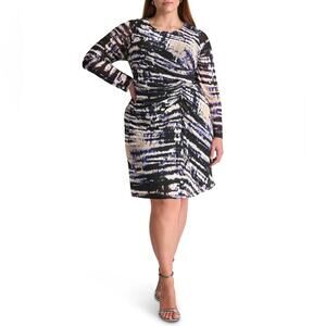 DKNY by Donna Karan Crew Neck Long Mesh Sleeve Ruched Waist Sheath Dress 18W